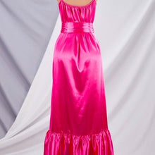 Cargar imagen en el visor de la galería, Wholesale Callie Shining: Boho Chic Magenta Satin Loose Ruffle Hem Cami Strap Maxi Dress 3
