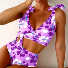 Lade das Bild in den Galerie-Viewer, Stasia Retro Grape: Plus Size Purple Hibiscus Shoulder Tie High Waist Bikini
