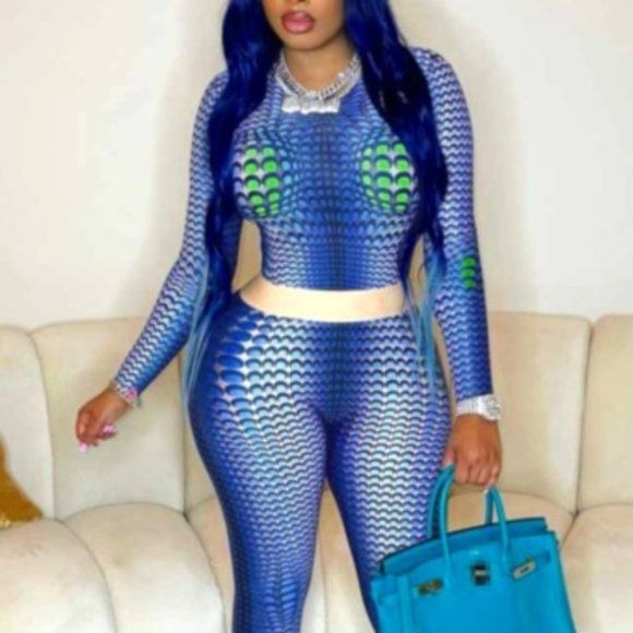 Wholesale Stasia Skewed: Blue Dotted Illusion Bodycon Crop Top & Pant Set 2 Pack S M L