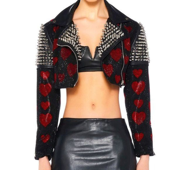Xena Love Me Long Time: Rhinestone Hearts  Spiked Stud Vegan Leather Moto Jacket