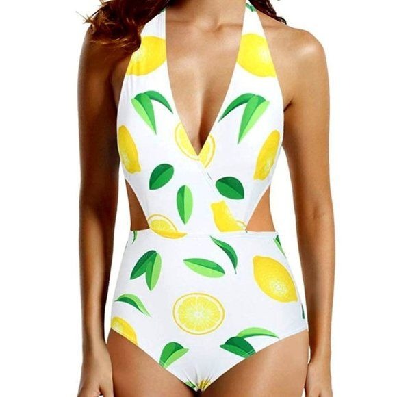 Stasia Lemonade: Plus Size Lemon Lime Deep V Halter-neck Monokini Swimsuit XXL