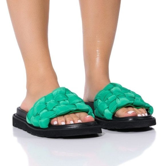 Miz Green Puffer Woven Nylon Slide Sandal 6
