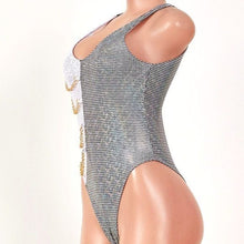 Charger l&#39;image dans la galerie, Callie UnChained: Holographic Colorblock Silver &amp; White Disco Swimsuit
