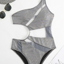 Charger l&#39;image dans la galerie, Xena 3006: Silver Flickering Holographic Mesh Cut Out One Shoulder Swimsuit

