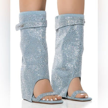 Load image into Gallery viewer, Callie Lives AZALEA WANG Desaray Bling Rhinestone Open Toe Sandal Bootie Denim
