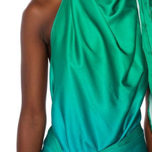 Cargar imagen en el visor de la galería, Callie Date Flow: Satin Ombre Blue Green Halter Wrap Front Dress Large

