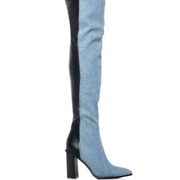 Miz Mixed Media: Two-Tone Denim & Vegan Leather Over the Knee Boot 9