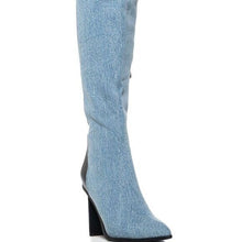 Lade das Bild in den Galerie-Viewer, Miz Mixed Media: Two-Tone Denim &amp; Vegan Leather Over the Knee Boot 9
