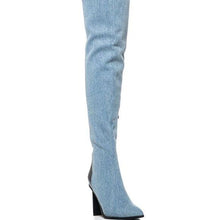 Lade das Bild in den Galerie-Viewer, Miz Mixed Media: Two-Tone Denim &amp; Vegan Leather Over the Knee Boot 9
