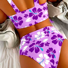 Cargar imagen en el visor de la galería, Stasia Retro Grape: Plus Size Purple Hibiscus Shoulder Tie High Waist Bikini
