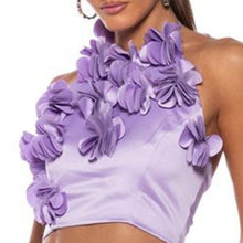 Load image into Gallery viewer, Callie 3D: Lilac Flower Power Cropped Satin Halter Top
