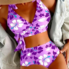 Cargar imagen en el visor de la galería, Stasia Retro Grape: Plus Size Purple Hibiscus Shoulder Tie High Waist Bikini
