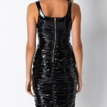 Load image into Gallery viewer, Callie Lives Akira Xena Back at Black: Ruched Vinyl Patent Leather Midi Dress S
