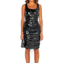 Load image into Gallery viewer, Callie Lives Akira Xena Back at Black: Ruched Vinyl Patent Leather Midi Dress S
