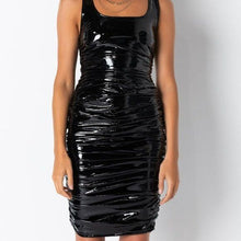 Load image into Gallery viewer, Callie Lives Akira Xena Back at Black: Ruched Vinyl Patent Leather Midi Dress S
