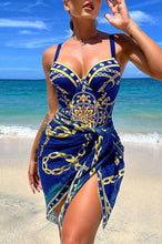 Cargar imagen en el visor de la galería, Callie Sace: Chain LeFleur Sweetheart Padded Black OR BLUE One Piece Swimsuit w/ Coverup
