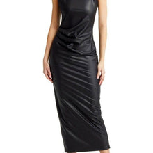 Cargar imagen en el visor de la galería, Xena Pleated Azalea Wang 4-WAY Stretch Black Vegan Leather Maxi Midi Dress
