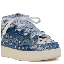 Load image into Gallery viewer, Callie Lives Miz Blue &amp; White Studded Cutout Denim Sneaker
