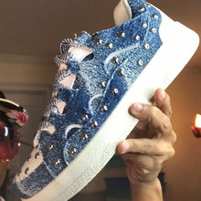 Load image into Gallery viewer, Callie Lives Miz Blue &amp; White Studded Cutout Denim Sneaker
