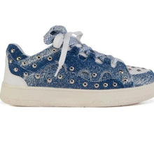 Load image into Gallery viewer, Callie Lives Miz Blue &amp; White Studded Cutout Denim Sneaker
