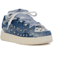 Load image into Gallery viewer, Callie Lives Miz Blue &amp; White Studded Cutout Denim Sneaker
