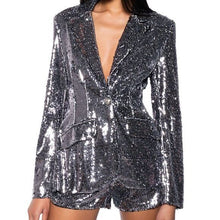 Load image into Gallery viewer, Callie Holiday Sequin Fitted Suit Blazer &amp; Shorts In Hematite Small
