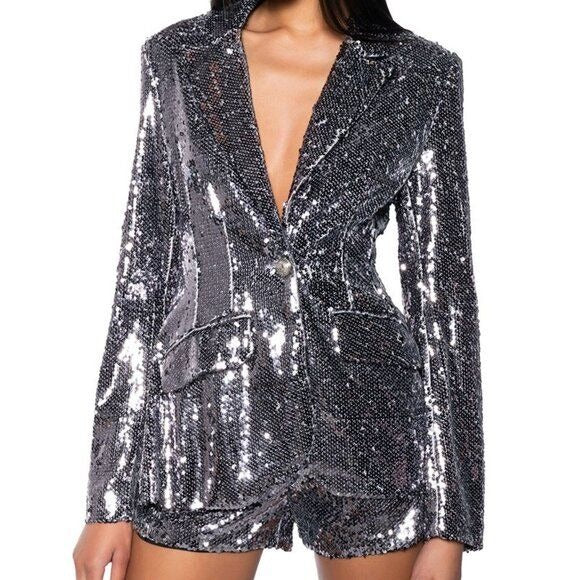 Callie Holiday Sequin Fitted Suit Blazer & Shorts In Hematite Small