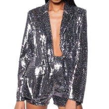 Load image into Gallery viewer, Callie Holiday Sequin Fitted Suit Blazer &amp; Shorts In Hematite Small
