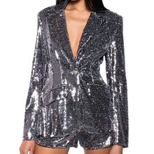 Load image into Gallery viewer, Callie Holiday Sequin Fitted Suit Blazer &amp; Shorts In Hematite Small
