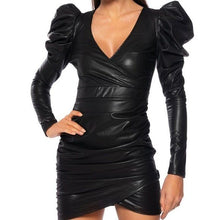 Charger l&#39;image dans la galerie, Callie Lives Xena Black: Puff Shoulder Faux Wrap Leather Ruched Mini Dress M
