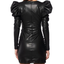 Charger l&#39;image dans la galerie, Callie Lives Xena Black: Puff Shoulder Faux Wrap Leather Ruched Mini Dress M
