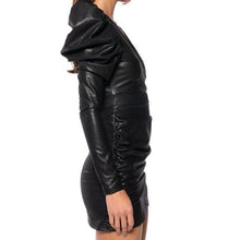 Charger l&#39;image dans la galerie, Callie Lives Xena Black: Puff Shoulder Faux Wrap Leather Ruched Mini Dress M
