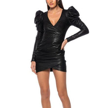 Charger l&#39;image dans la galerie, Callie Lives Xena Black: Puff Shoulder Faux Wrap Leather Ruched Mini Dress M
