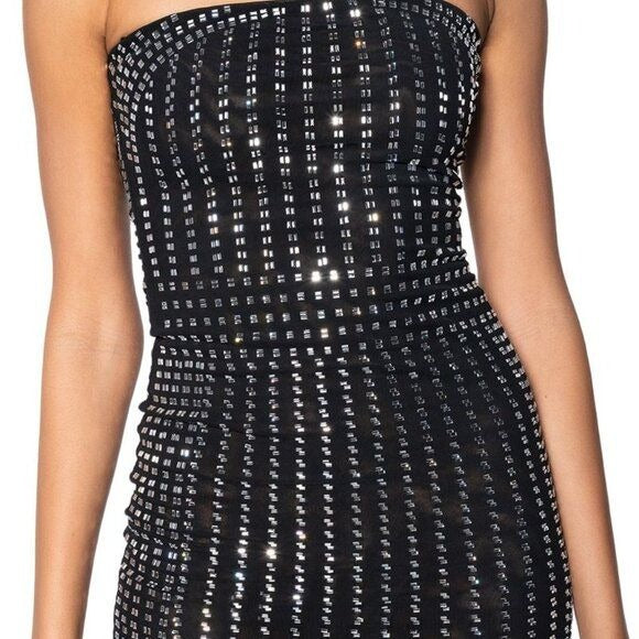 Xena Glam: Rhinestone Bandeau Strapless Midi Bodycon Dress Medium