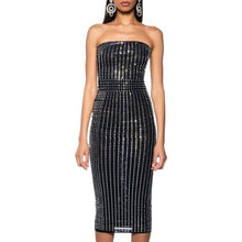 Cargar imagen en el visor de la galería, Xena Glam: Rhinestone Bandeau Strapless Midi Bodycon Dress Medium
