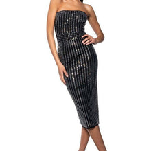 Cargar imagen en el visor de la galería, Xena Glam: Rhinestone Bandeau Strapless Midi Bodycon Dress Medium
