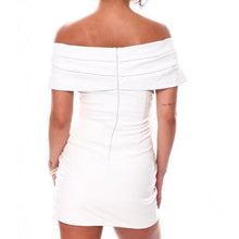 Charger l&#39;image dans la galerie, Callie-White Off-Shoulder Ruched Waist Vegan Mini Dress S
