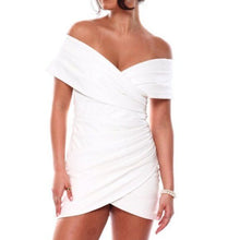 Charger l&#39;image dans la galerie, Callie-White Off-Shoulder Ruched Waist Vegan Mini Dress S
