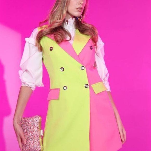 Stasia Neo-Tone: Bright Neon Green & Fuchsia Pink Double Breasted Blazer Dress