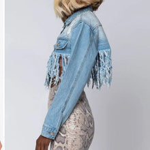 Load image into Gallery viewer, Callie Lives Miz Life Is Good: Fringe Distressed Crop Denim Jean Jacket
