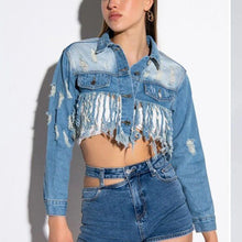 Load image into Gallery viewer, Callie Lives Miz Life Is Good: Fringe Distressed Crop Denim Jean Jacket
