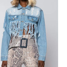 Load image into Gallery viewer, Callie Lives Miz Life Is Good: Fringe Distressed Crop Denim Jean Jacket
