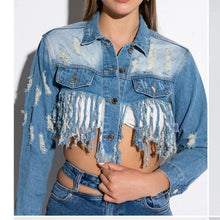 Load image into Gallery viewer, Callie Lives Miz Life Is Good: Fringe Distressed Crop Denim Jean Jacket
