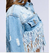 Load image into Gallery viewer, Callie Lives Miz Life Is Good: Fringe Distressed Crop Denim Jean Jacket
