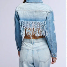 Load image into Gallery viewer, Callie Lives Miz Life Is Good: Fringe Distressed Crop Denim Jean Jacket
