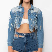 Load image into Gallery viewer, Callie Lives Miz Life Is Good: Fringe Distressed Crop Denim Jean Jacket
