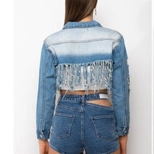 Load image into Gallery viewer, Callie Lives Miz Life Is Good: Fringe Distressed Crop Denim Jean Jacket
