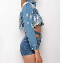 Load image into Gallery viewer, Callie Lives Miz Life Is Good: Fringe Distressed Crop Denim Jean Jacket
