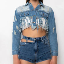 Load image into Gallery viewer, Callie Lives Miz Life Is Good: Fringe Distressed Crop Denim Jean Jacket
