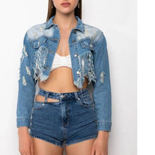 Load image into Gallery viewer, Callie Lives Miz Life Is Good: Fringe Distressed Crop Denim Jean Jacket
